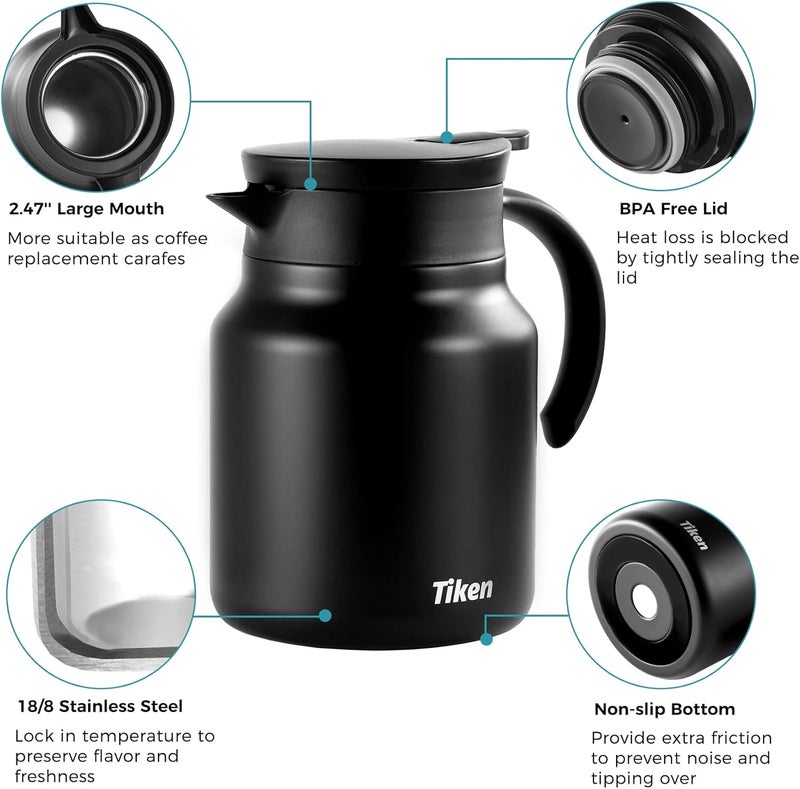 Tiken 34 Oz Thermal Coffee Carafes For Keeping Hot, Double Wall Stainless Steel Insulated Coffee Carafe, 1 Liter Beverage Pitcher (Matte Black) - Image 3